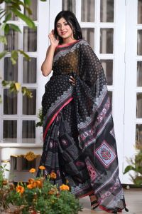 Block Printed And Screen Printed Half Silk Saree