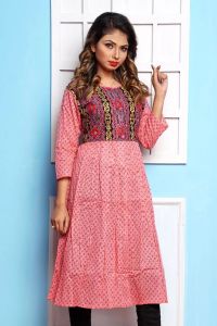 Pink Color Embroidered Cotton Kurti 
