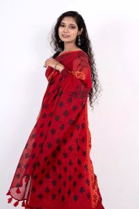 Block Printed Half Silk Red Saree