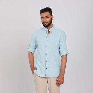 Deep aqua Band Collar Semi Fit Full Sleeve Casual Shirts