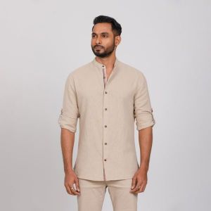 Tan Semi Fit Band Collar Casual Shirts