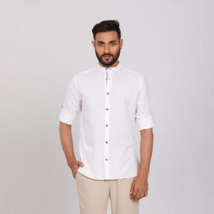 Off White Semi Fit Band Collar Casual Shirts