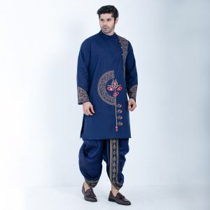 Men's Navy Premium Cotton Printed Panjabi 