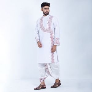 Men's White Premium Cotton Printed Single Panjabi-19130P