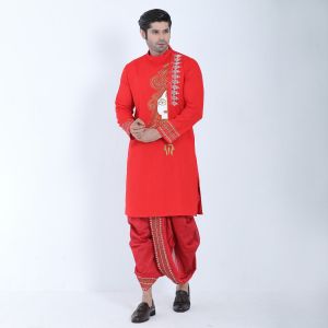 Men's Red Premium Cotton Printed Single Panjabi-19151P