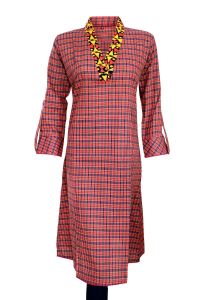 Multicolor Check Embroidered Cotton Kurti 