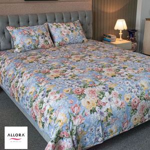 Monsoon Blooms Print Bedsheet- Heather Blue