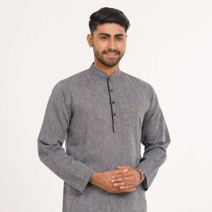 Dark Grey Contrast Piping Placket Regular Fit Panjabi