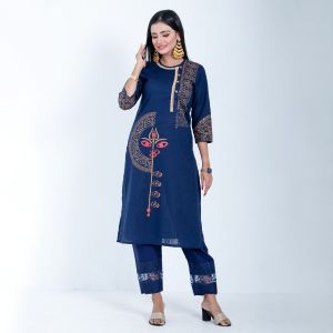 Women Navy Premium Cotton Printed Single Kameez-19118K