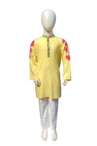 Lemon Yellow Linen Printed Panjabi For Junior Boys