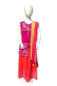 Purple Cotton Printed & Tie-dyed Lehenga Set for Junior Girls