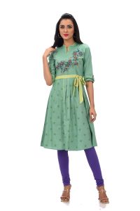 Paste Green Cotton Printed & Embroidered Kurti