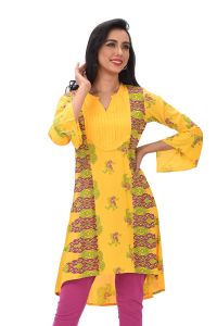 Yellow Linen Printed Kurti 